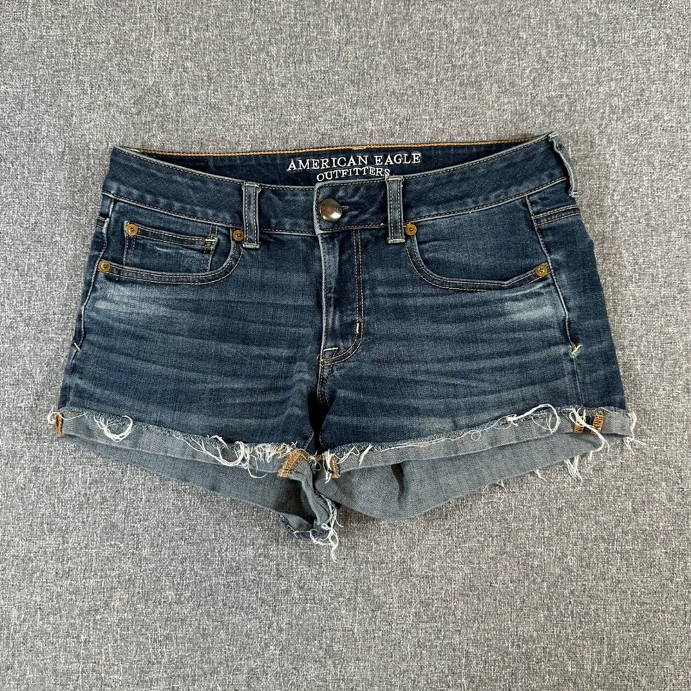 American Eagle Shortie Denim Shorts Women 6 Dark Wash Raw Hem Super Stretch Y2K